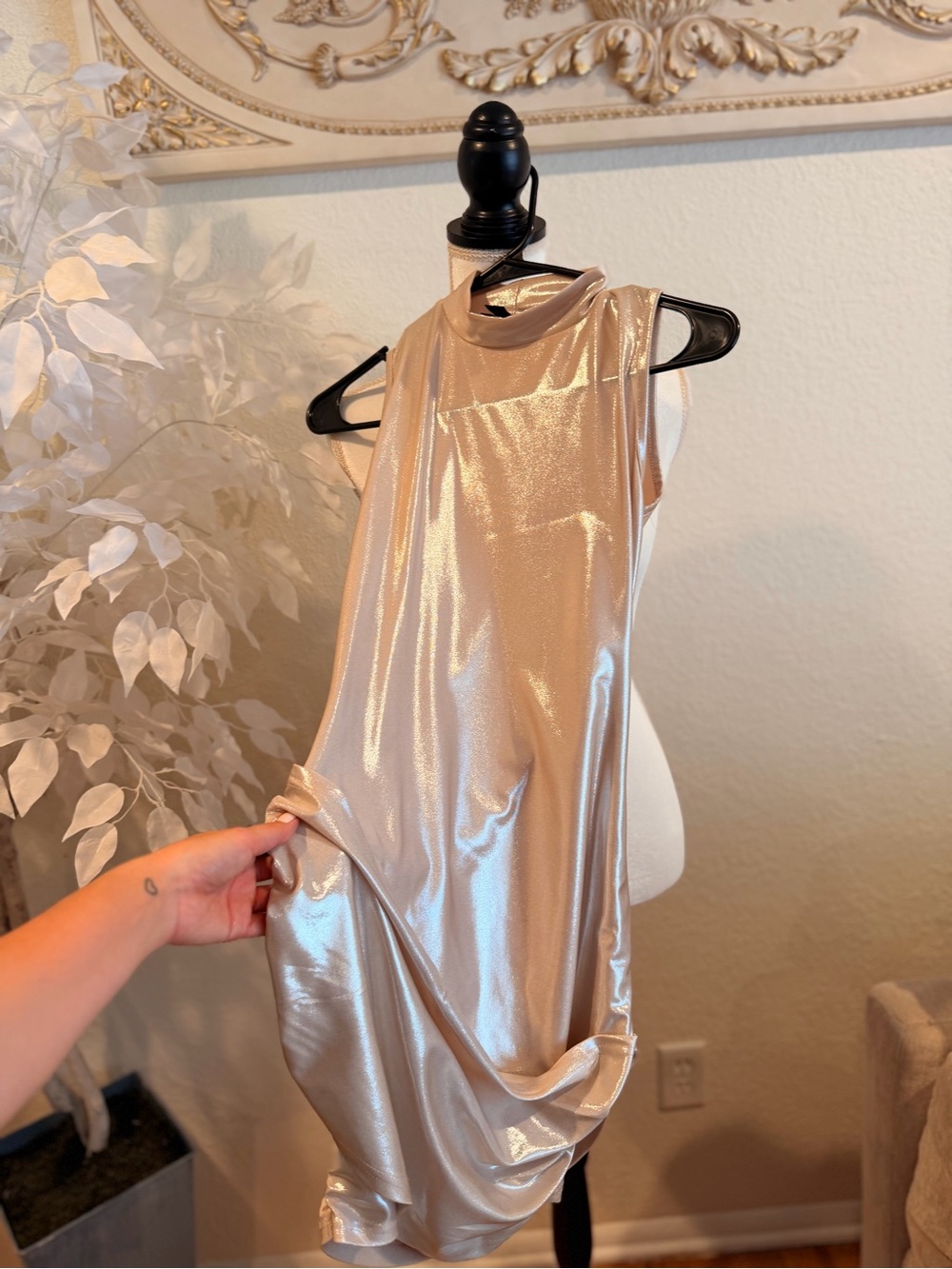 PrettyLittleThing Shimmery Champagne Mock-Neck Chemise